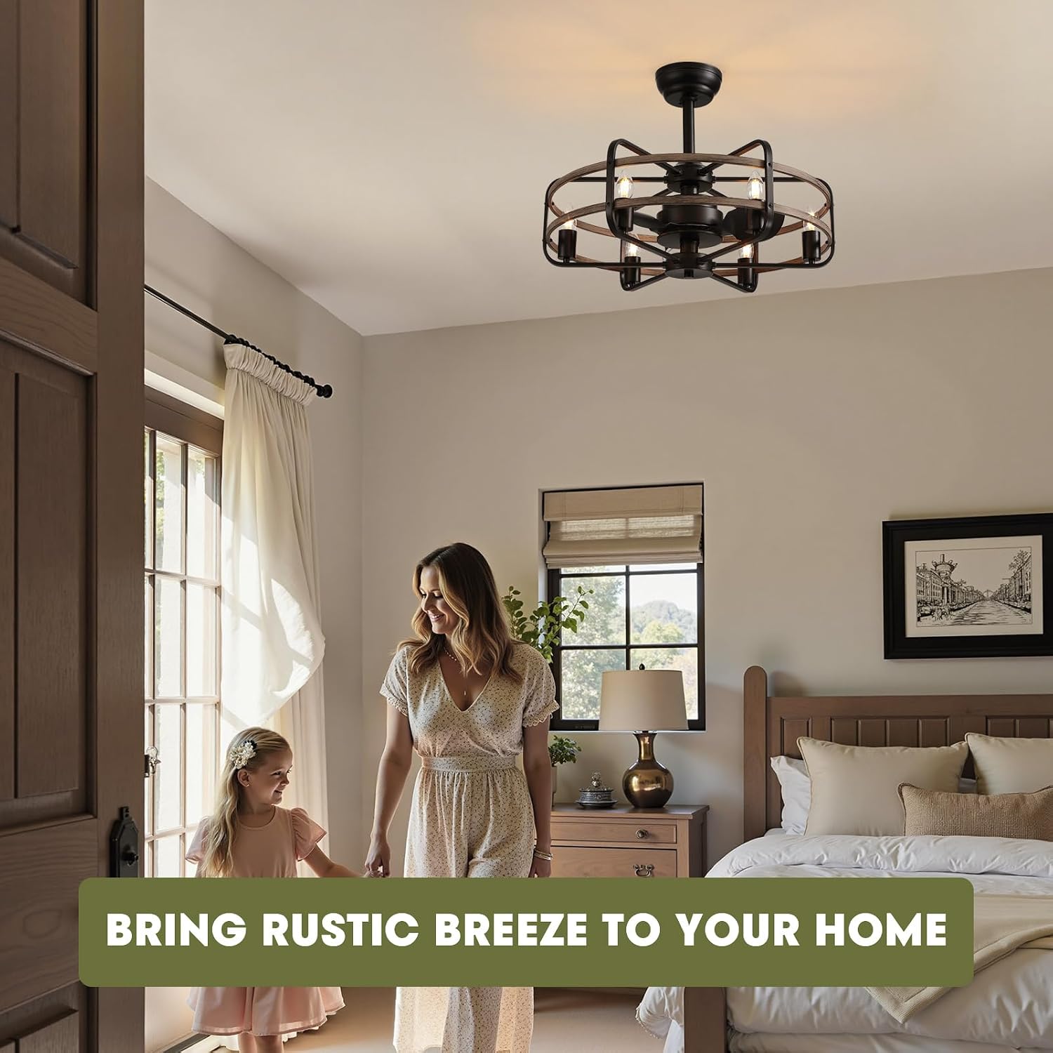 Industrial Caged Ceiling Fan with Lights, 25' Farmhouse Fandelier with Remote Control, 6-Speed Quiet Reversible Motor, E26 Base, Rustic Black and Wood Finish, No Bulbs Included