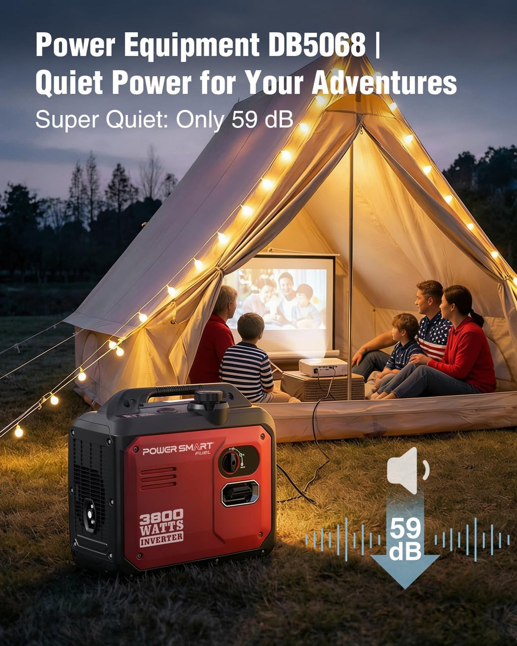 PowerSmart 3800W Portable Inverter Generator, 59dB Super Quiet Gas Powered, 143cc 4-Stroke OHV, Parallel Ready, EPA Compliant for RV Camping, Tailgating and Home Emergency Backup