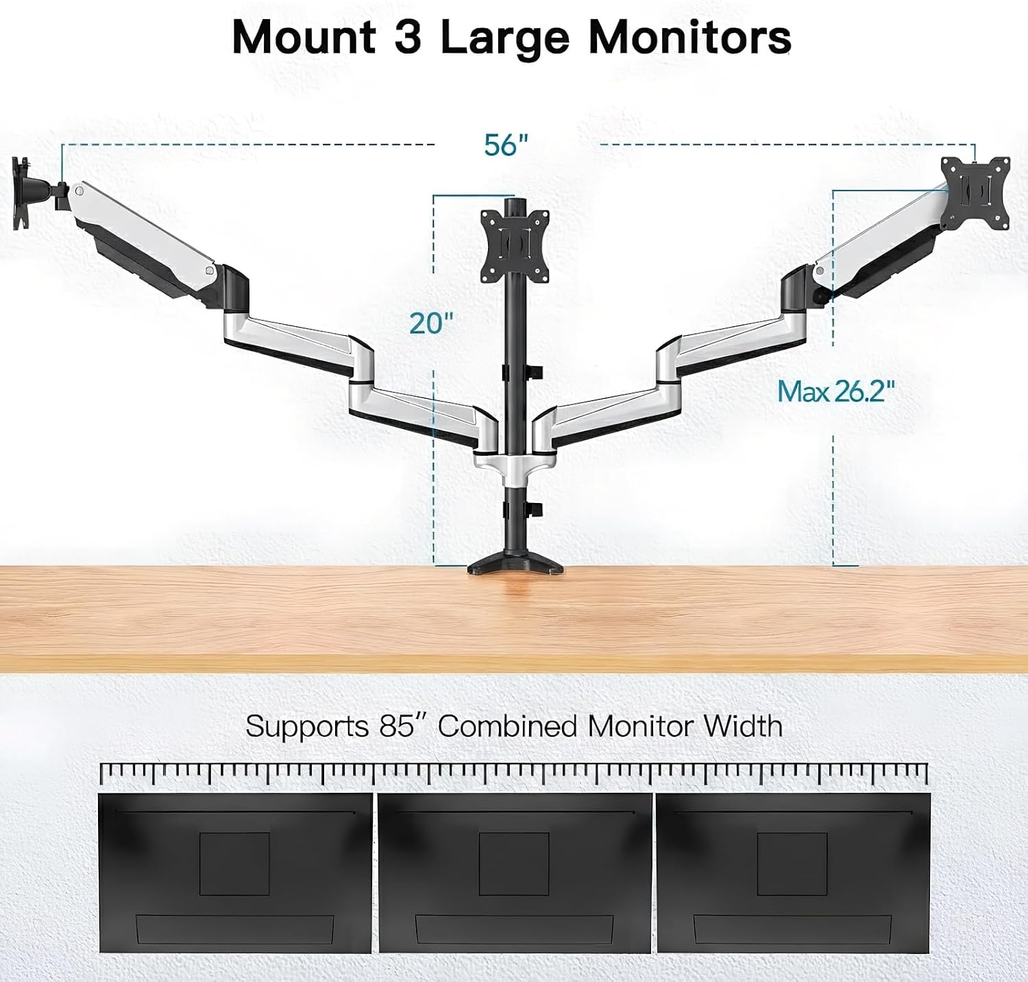 HUANUO Gaming Triple Monitor Stand, Full Motion Articulating Triple Monitor Mount Fit 17 to 32 inch Flat/Curved LCD Computer Screens with Clamp, Grommet Kit, Silver