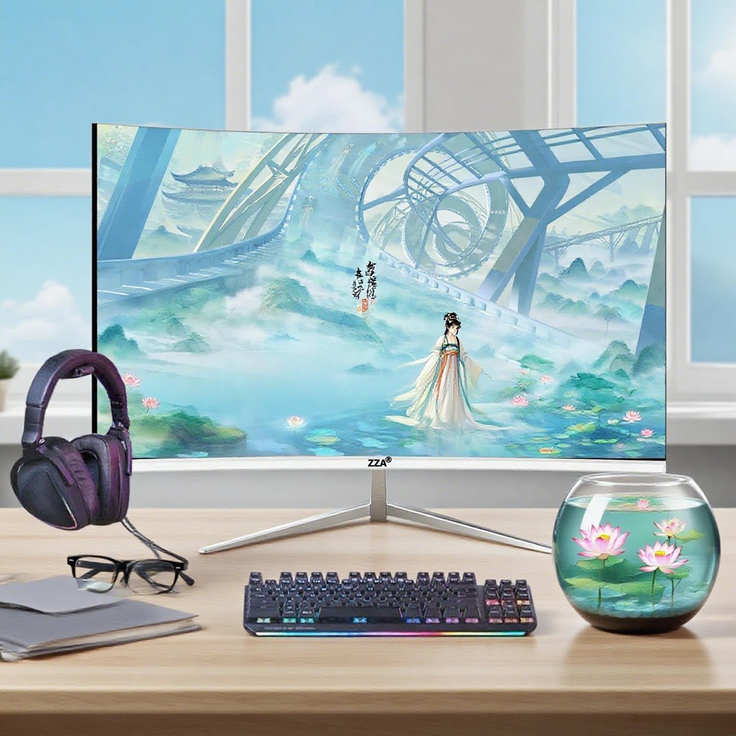 ZZA 27 inch White Gaming Monitor,240-300Hz Curved Monitor,Full HD 1080P Computer Monitor,Eye-Care Display with HDMI,DP,FreeSync,Wall Mountable for Office and Home