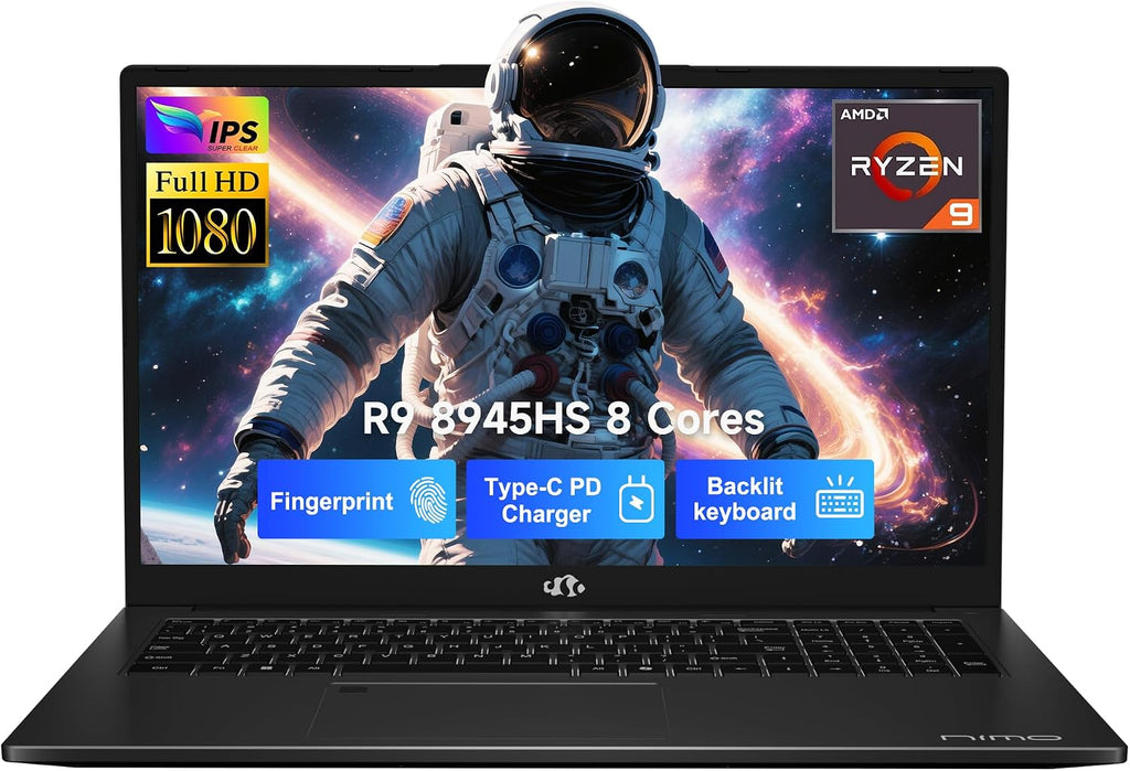 NIMO 17.3 Gaming-Laptop Ryzen 9 8945HS (Beat i9-13900H, Up to 5.2GHz) 16GB RAM, 512GB SSD, Radeon 780M, PD 100W Type-C AI-Enhanced for Copilot VR Ready, Backlit Keyboard, Fingerprint