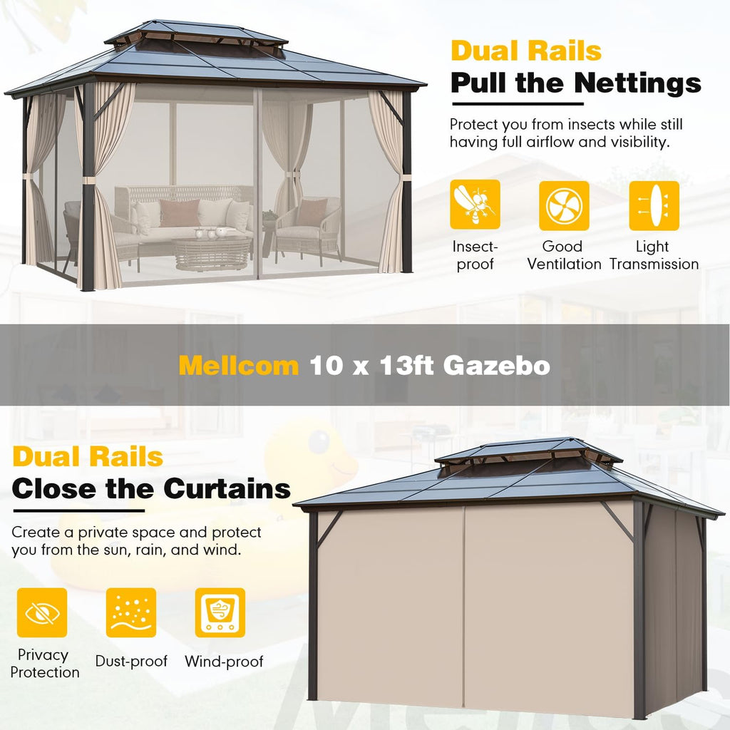 MELLCOM 10'x13' Hardtop Gazebo with Polycarbonate Double Roof, Aluminum Frame Outdoor Gazebo Permanent Pavilion with Curtains and Netting for Patio, Lawn & Garden
