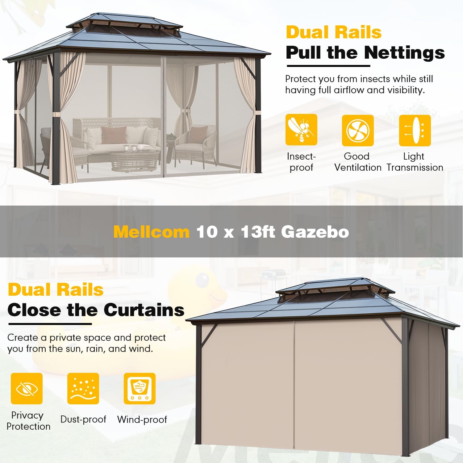 MELLCOM 10'x13' Hardtop Gazebo with Polycarbonate Double Roof, Aluminum Frame Outdoor Gazebo Permanent Pavilion with Curtains and Netting for Patio, Lawn & Garden
