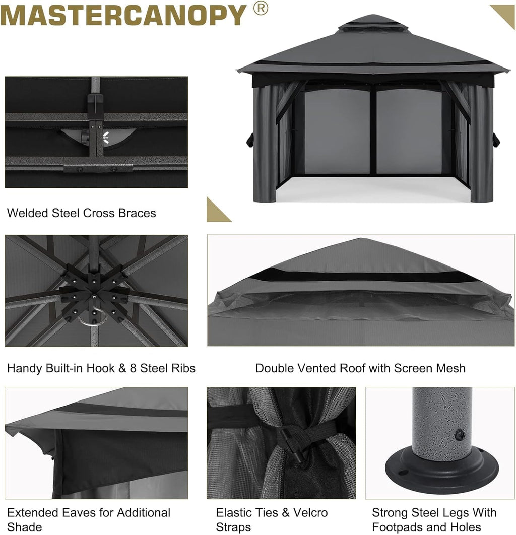 MASTERCANOPY 10x10FT Outdoor Patio Gazebo with Mosquito Netting for Backyard, Patio, Garden Dark Grey