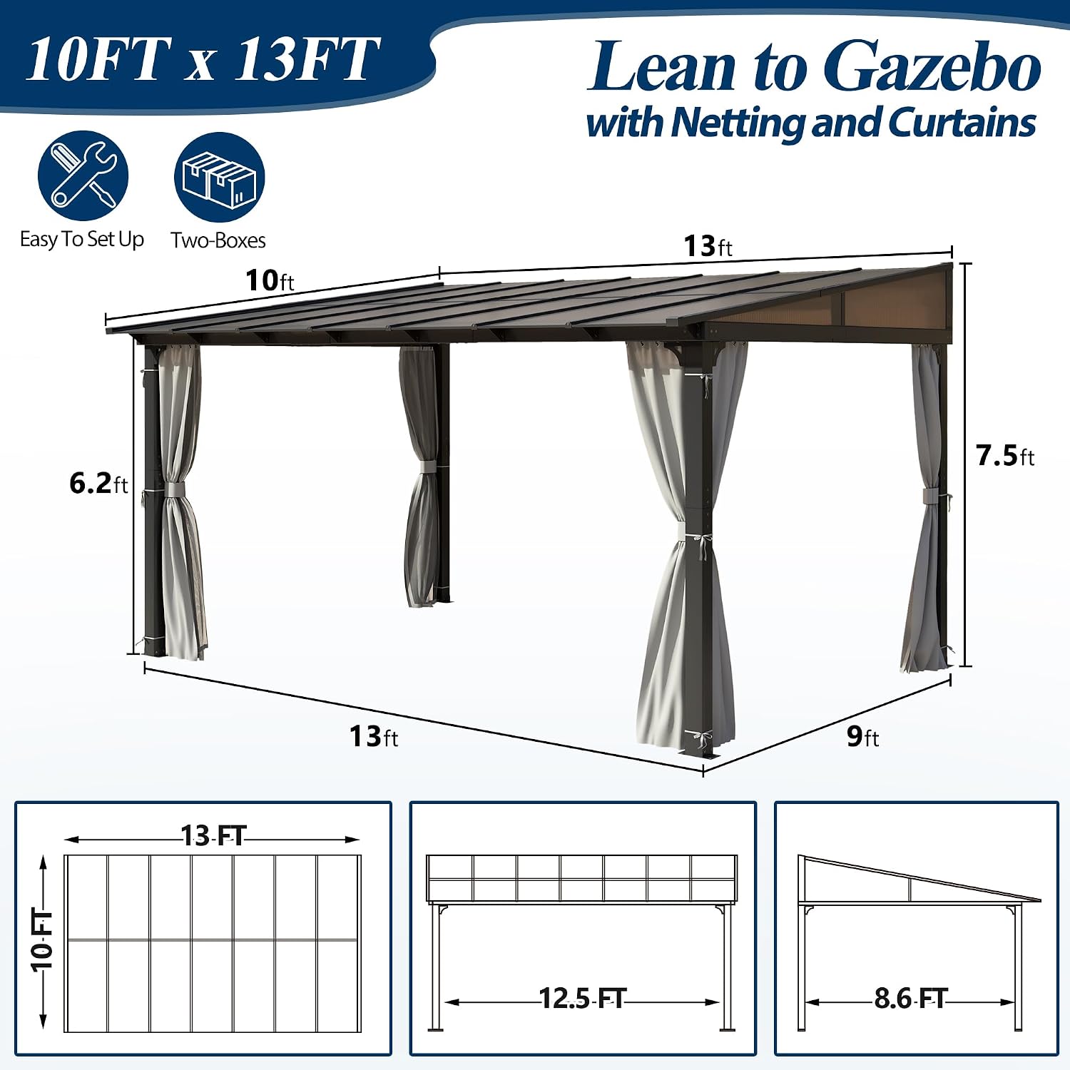 COVERONICS 10' X 13' Outdoor Polycarbonate Lean to Gazebo - Wall-Mounted Aluminum Frame Gazebo with Slope Hardtop, Patio Heavy-Duty Lean to Pergola with Netting & Curtains for Garden, Backyard, Deck