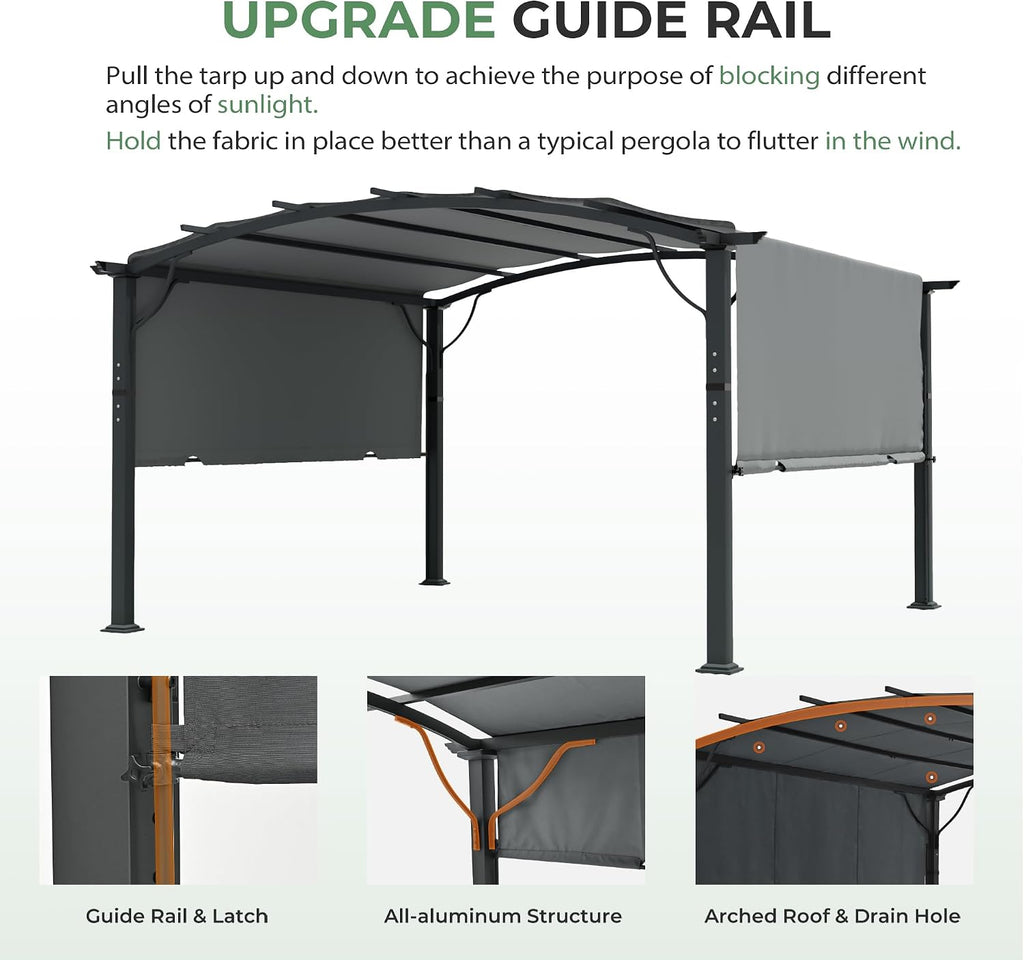12' x12' Arched Outdoor Pergola for Deck, Outdoor Retractable Pergola with Adjustable Canopy, Aluminum Frame with Canopy Fixed in Various Positions (Grey)