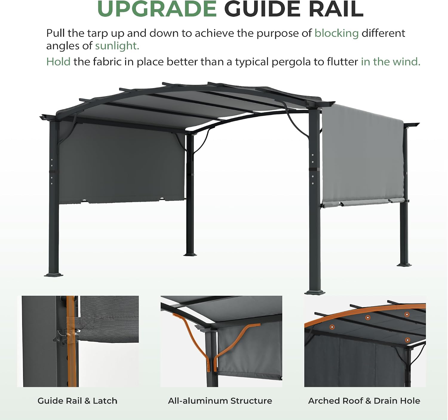 12' x12' Arched Outdoor Pergola for Deck, Outdoor Retractable Pergola with Adjustable Canopy, Aluminum Frame with Canopy Fixed in Various Positions (Grey)