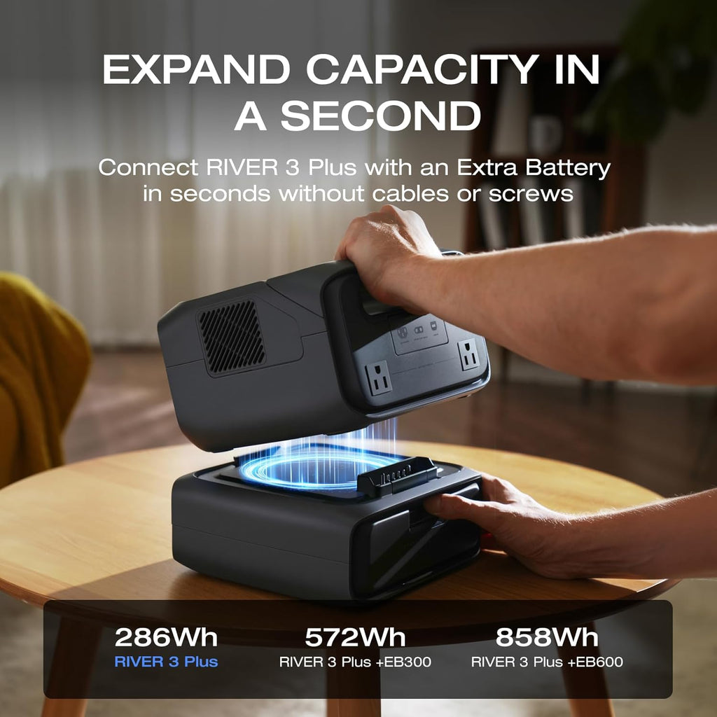 EF ECOFLOW Portable Power Station RIVER 3 Plus, 286Wh/12800mAh LiFePO4 Battery, 3 Up to 1200W AC Outlets, <10 MS UPS, Expandable to 858Wh, <30 dB Quiet, 1Hr Fast Charging Generator for Outdoor Camping