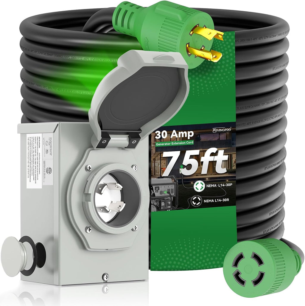 30 Amp Generator Cord 75FT and Power Inlet Box, Pre-Drilled 30 Amp Generator Inlet Box with Cord, NEMA L14-30P to L14-30R Generator Cord Waterproof Combo Kit, ETL Listed