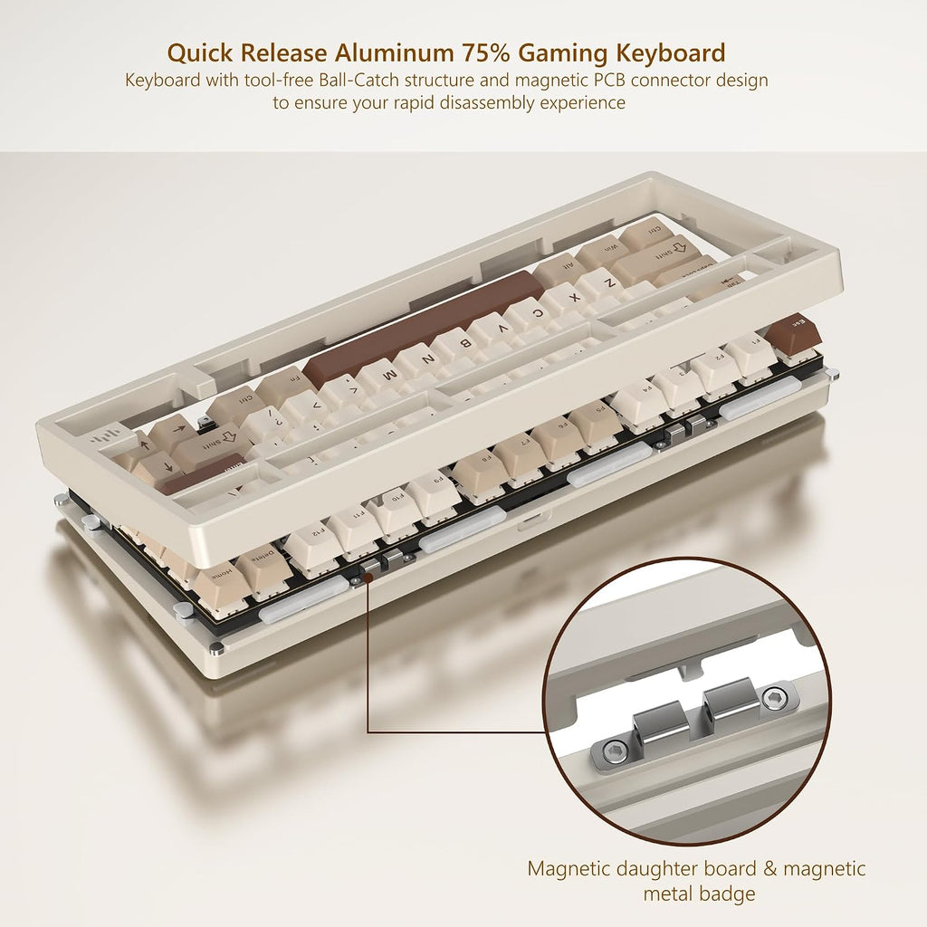 Womier RD75 Pro 75% Wireless Gaming Keyboard, Quick Release Aluminum Keyboard, QMK/VIA Tri-Mode Mechanical Key Board Custom Hot Swappable with RGB Creamy for Windows/Mac/PC-Milk White