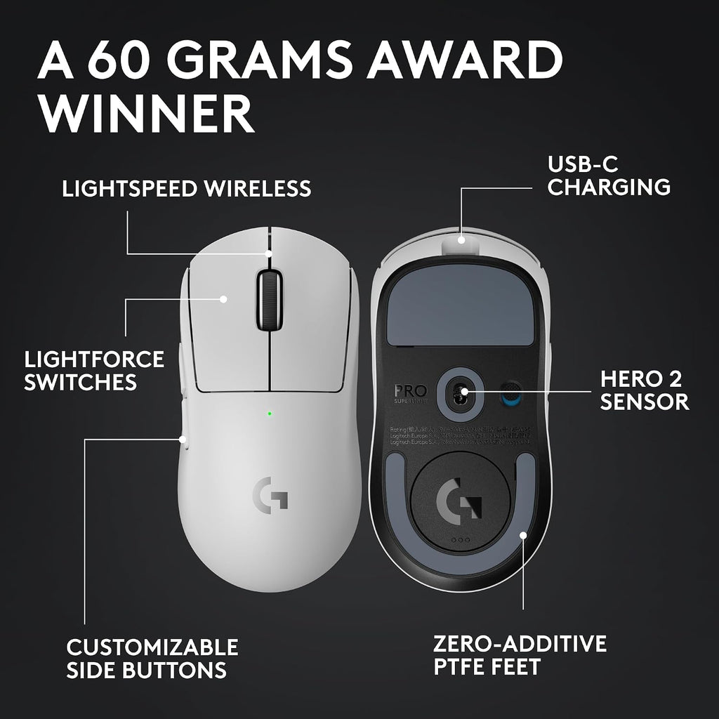 Logitech G PRO X Superlight 2 Wireless Gaming Mouse, 60g Pro-Grade with 5 Programmable Buttons, 44k DPI Sensor, 8kHz Report Rate, USB-C Charging for PC/Mac - White