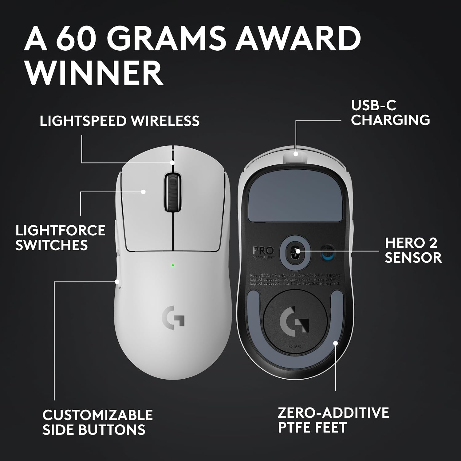 Logitech G PRO X Superlight 2 Wireless Gaming Mouse, 60g Pro-Grade with 5 Programmable Buttons, 44k DPI Sensor, 8kHz Report Rate, USB-C Charging for PC/Mac - White