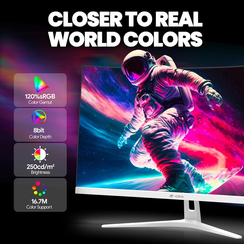CRUA 27' Curved Gaming Monitor, 165Hz/200Hz FHD 1920x1080 VA Display, 1800R Screen, 120% sRGB, AMD FreeSync, Blue Light Filter, HDMI & DP, White PC Monitor for Gaming, Streaming & Work