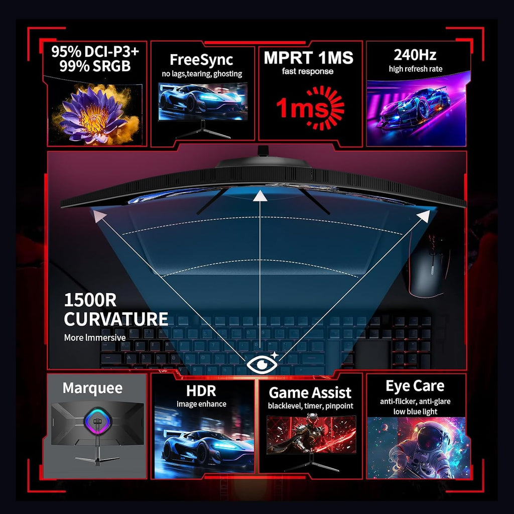 ZZA 34 Inch Curved Gaming Monitor, 3440x1440 UltraWide WQHD 240Hz, 1ms, Adaptive-Sync, HDR Display, 1500R, Bezel-Free Design, Eye Care, VESA Mount, for Gaming, Work, Streaming, Coding, Home Office