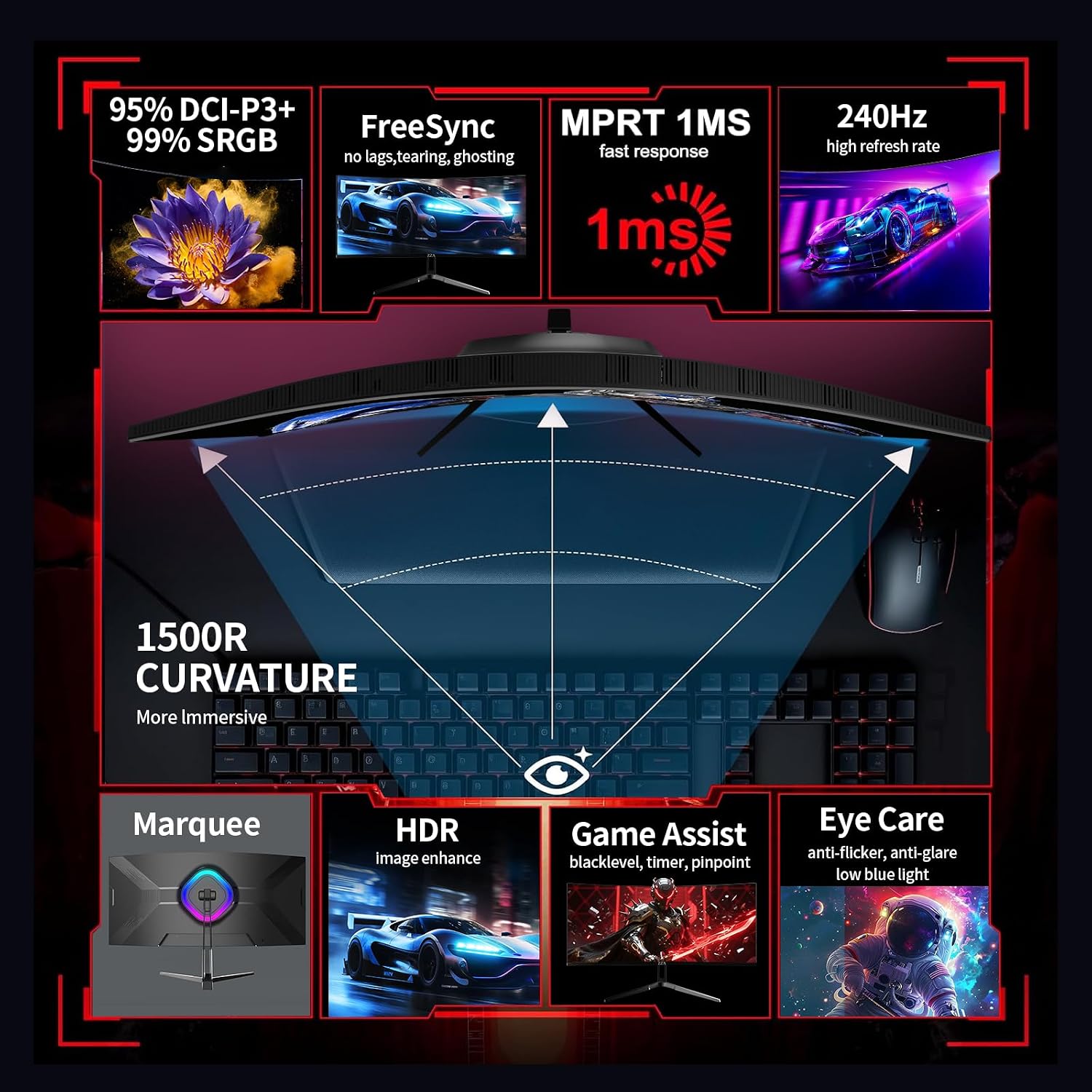 ZZA 34 Inch Curved Gaming Monitor, 3440x1440 UltraWide WQHD 240Hz, 1ms, Adaptive-Sync, HDR Display, 1500R, Bezel-Free Design, Eye Care, VESA Mount, for Gaming, Work, Streaming, Coding, Home Office