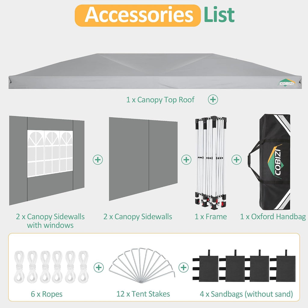 COBIZI 10x20 Pop Up Canopy: Canopy Tent with Patented Center-Lock Tech | Quick-Setup,UV-Reflective & Detachable Walls | 210D Waterproof | 3 Height Adjustments for Parties,Weddings,Outdoor Events(Gray)
