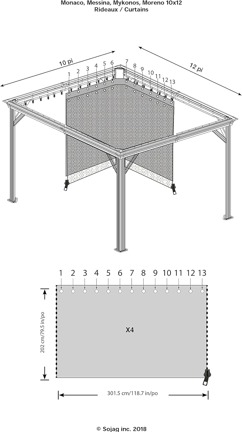 Sojag 135-9163810 10' x 12' Curtains for Monaco/Messina/Mykonos Outdoor Gazebo Models, Grey