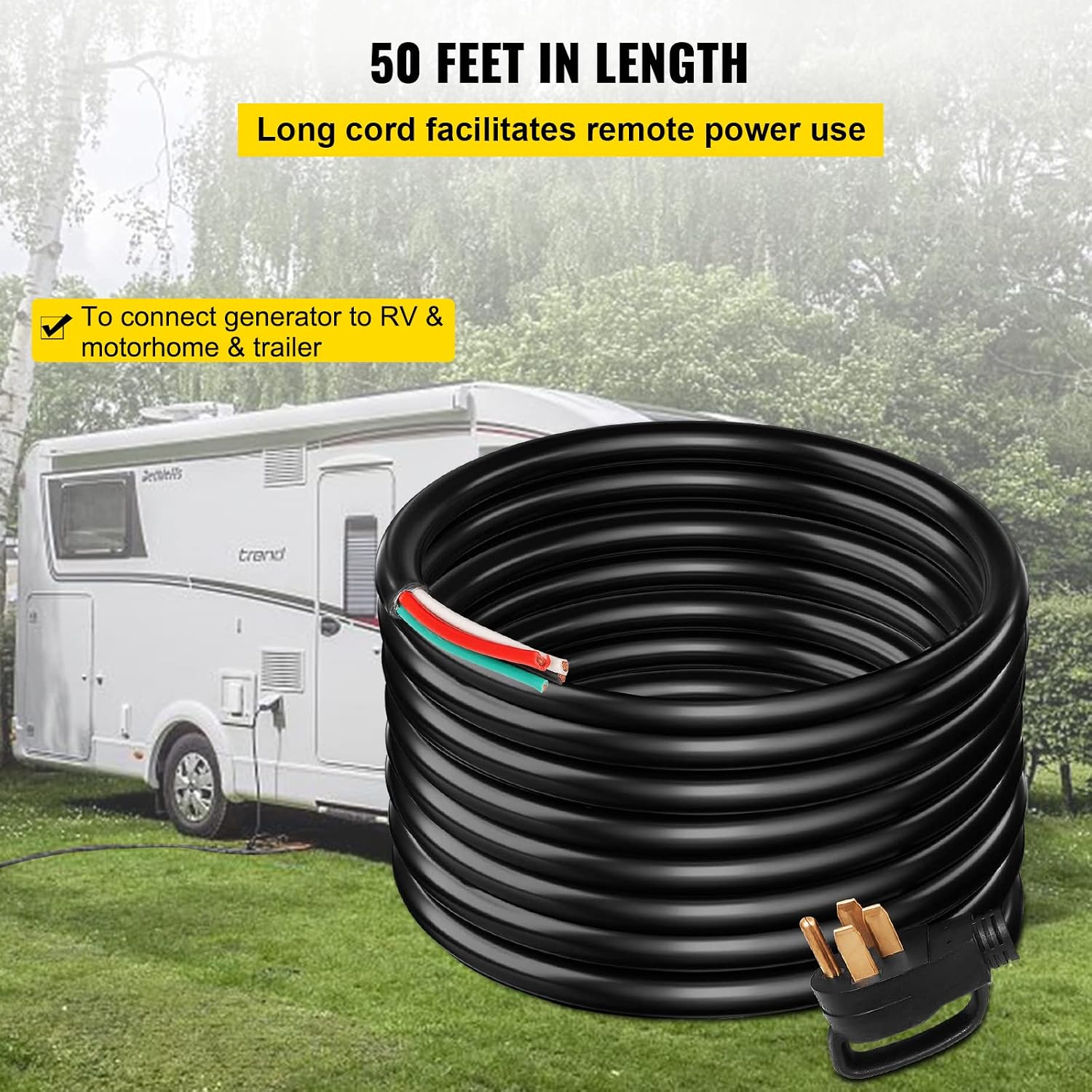 VEVOR 50FT 50 Amp Generator Cord, 6/3+8/1 AWG Pure Copper STW Cable 125V/250V 12500W, NEMA 14-50P to Bare Wire Open End for Transfer Switch Inlet Box Hardwire, ETL Listed