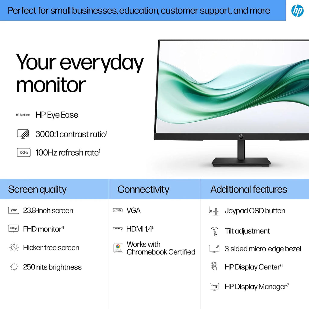 HP 24' Series 3 Pro 24' FHD Computer Monitor (1920x1080), 100Hz Anti-Glare Display, HDMI, VESA Mount, Black, Bundle with dockztorm hub and ErgoFlexy Dual Monitor Mount. (2Pack)