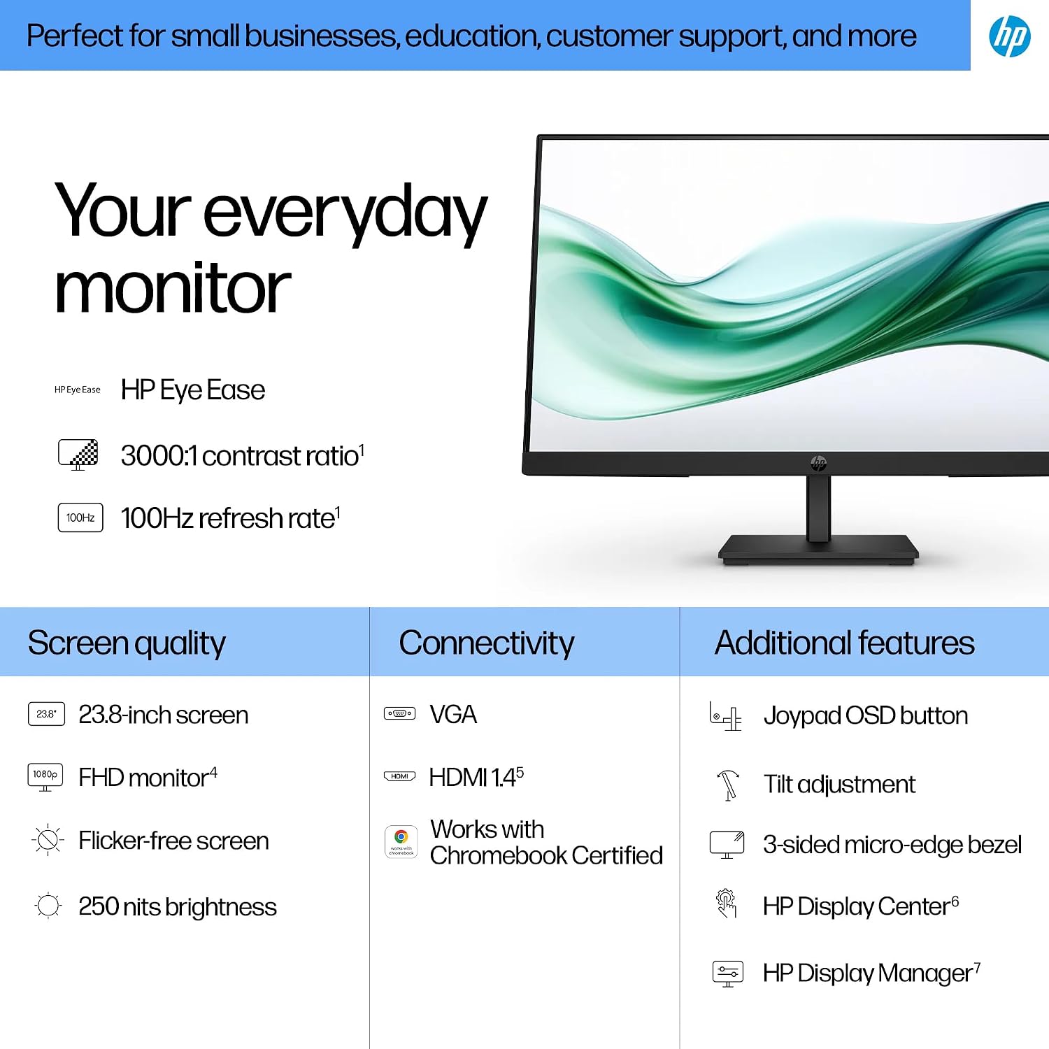 HP 24' Series 3 Pro 24' FHD Computer Monitor (1920x1080), 100Hz Anti-Glare Display, HDMI, VESA Mount, Black, Bundle with dockztorm hub and ErgoFlexy Dual Monitor Mount. (2Pack)