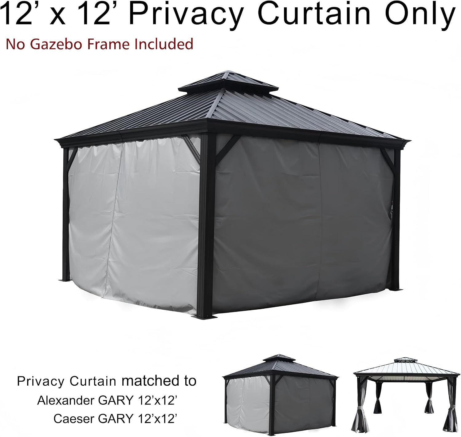 Kozyard 12' x 12'Outdoor Gazebo Privacy Curtain Sidewall, Waterproof Patio Privacy Curtain with Center-Zip Design, Replacement for Hardtop Gazebo Gray