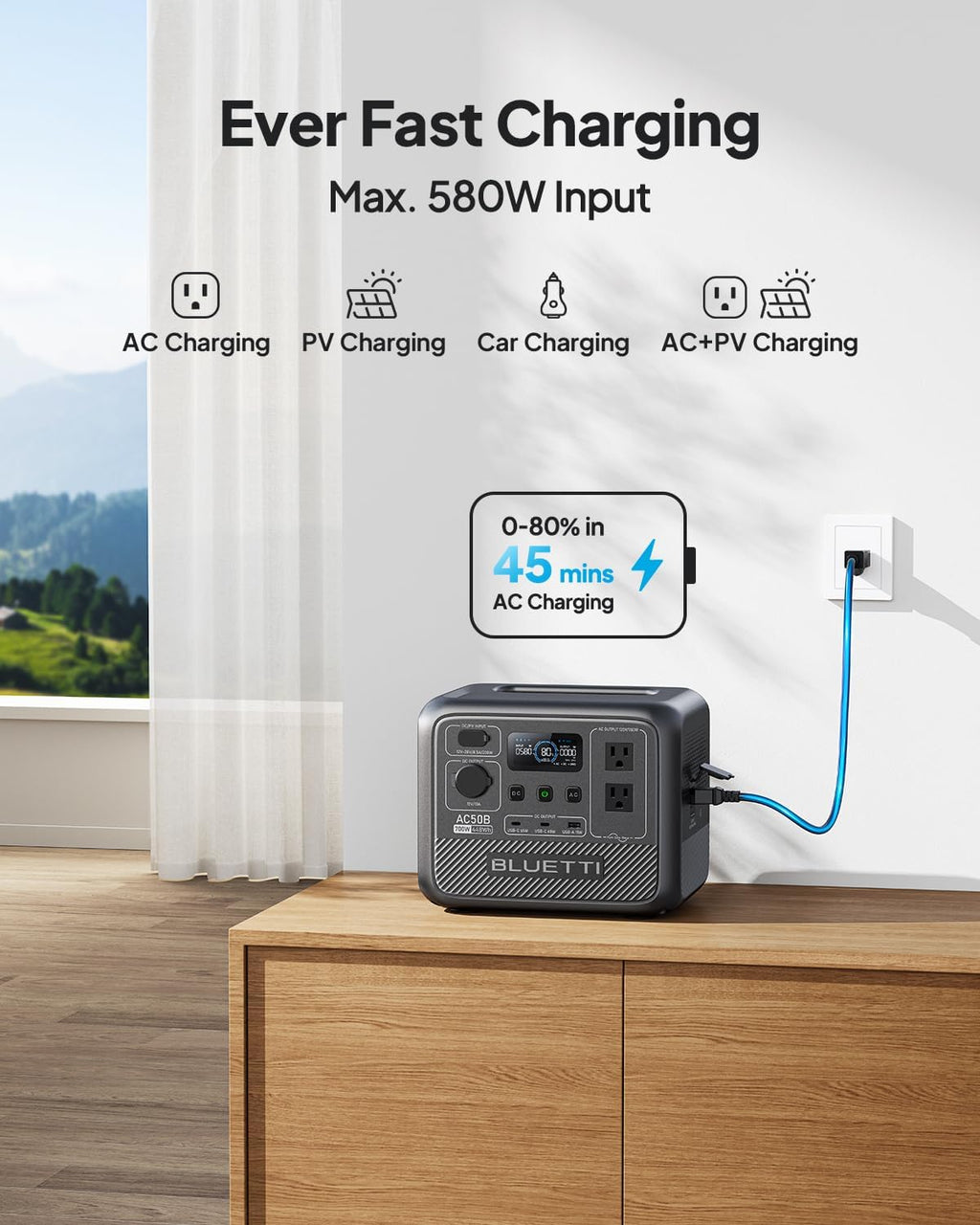 BLUETTI AC50B Portable Power Station, 448Wh Solar Generator LiFePO4 Battery Backup w/ 2 700W AC Outlets (Power Lifting 1000W), 0-80% in 45 Min, for Camping, Road Trip, Outage (Solar Panel Optional)
