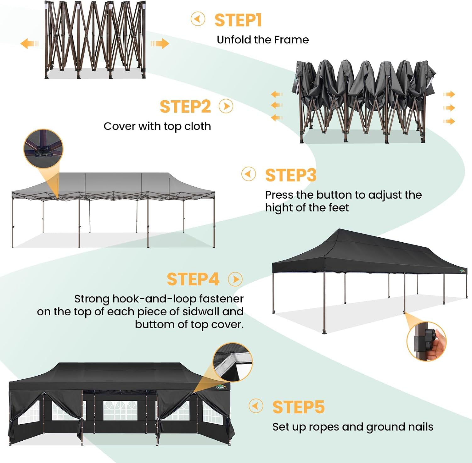 COBIZI 10x30 Pop Up Heavy Duty Canopy with 8 Sidewalls and Hexagonal Legs, Easy up Tent for Party, Wedding and Commercial, Outdoor Canopy with Roller Bag, Sand Bags, Waterproof & UPF50+ (Black)
