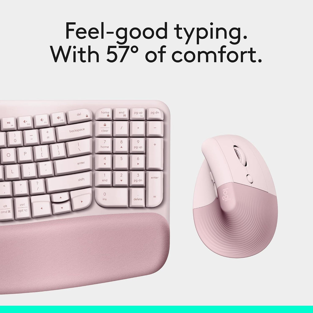Logitech Wave Keys & Lift Vertical Mouse - Ergonomic Wireless Keyboard and Mouse Combo - with Cushioned Palm Rest, Easy-Switch, Bluetooth, for Multi-OS, Windows/Mac - Rose