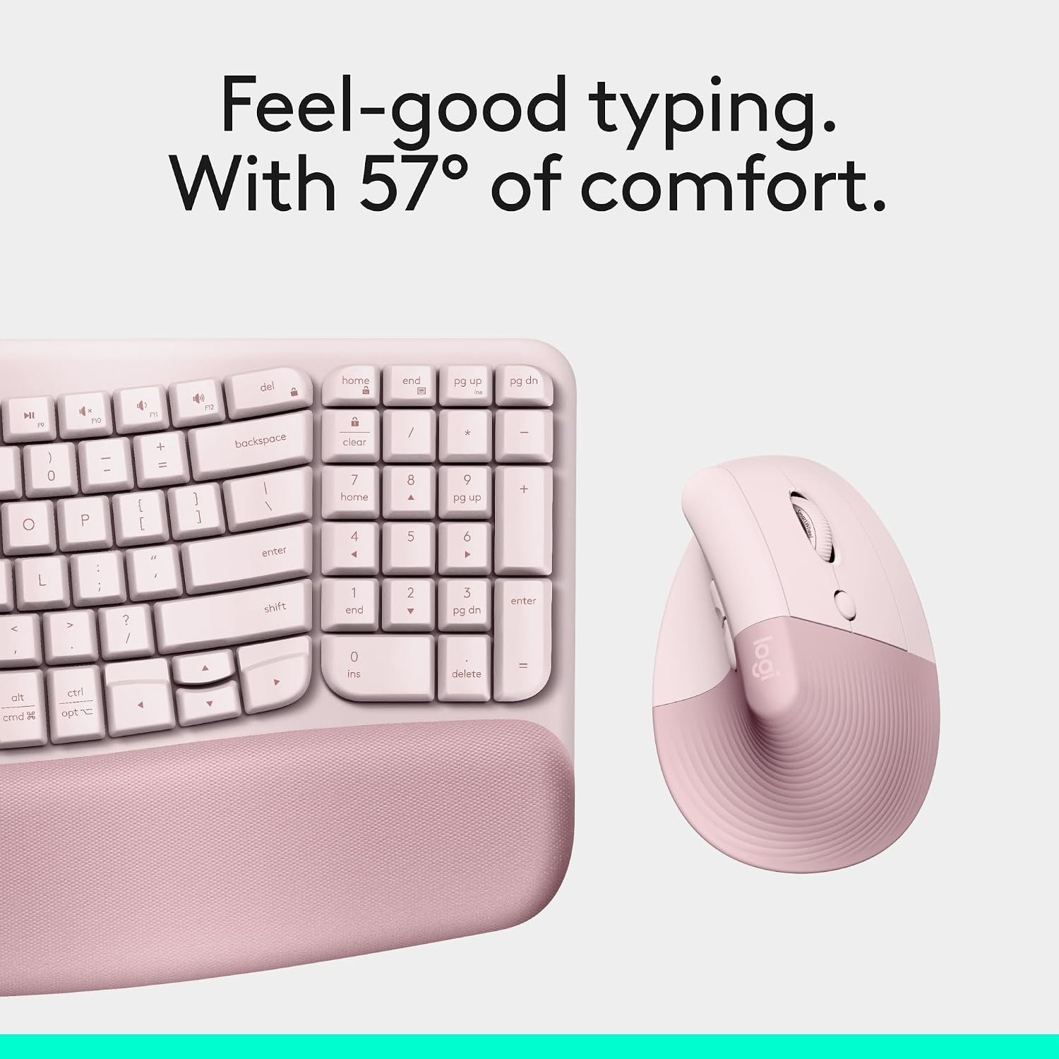 Logitech Wave Keys & Lift Vertical Mouse - Ergonomic Wireless Keyboard and Mouse Combo - with Cushioned Palm Rest, Easy-Switch, Bluetooth, for Multi-OS, Windows/Mac - Rose