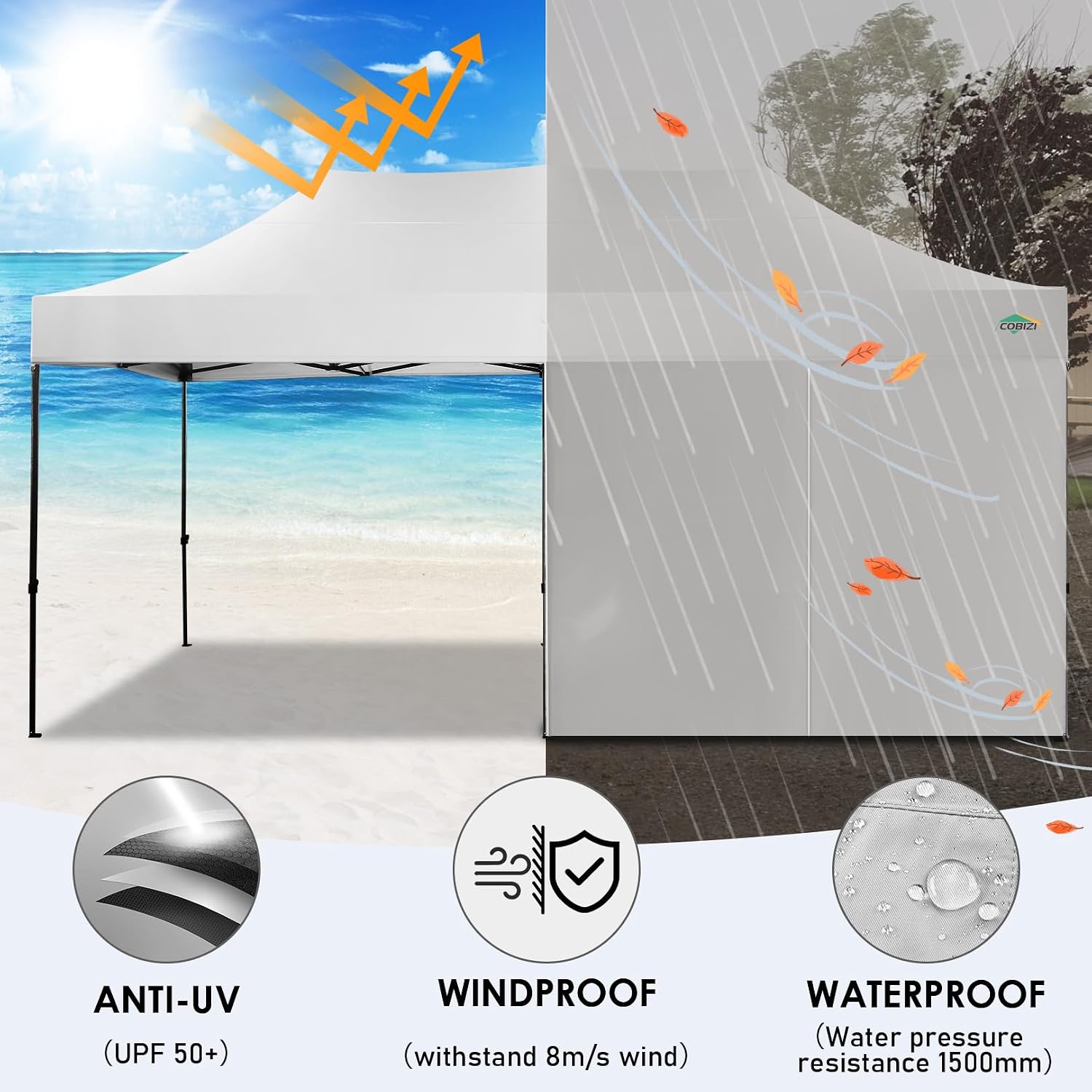 COBIZI 10x20 Heavy Duty Pop up Canopy Tent with 6 sidewalls Easy Up Commercial Outdoor Wedding Party Tents for Parties All Season Wind & Waterproof Gazebo Roller Bag, White(Frame Thickened)