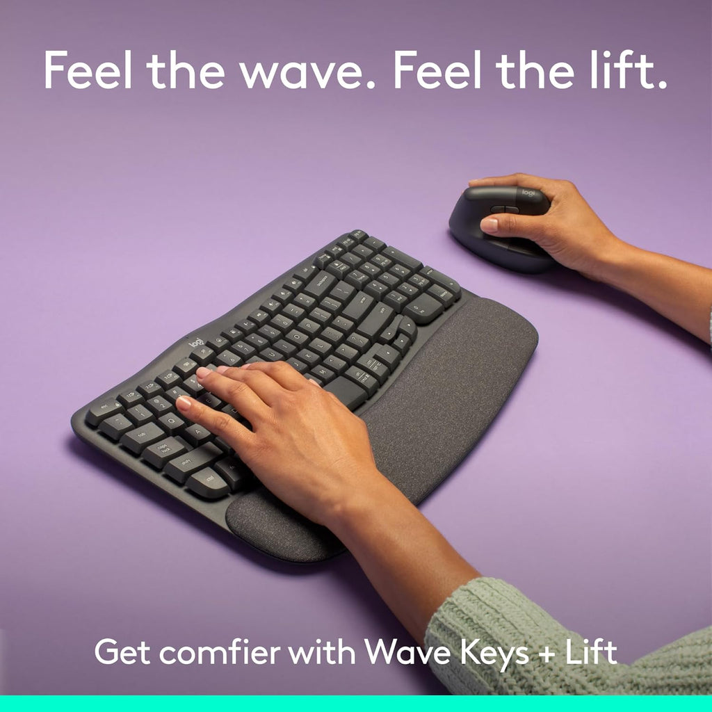 Logitech Wave Keys & Lift Vertical Mouse - Ergonomic Wireless Keyboard and Mouse Combo - with Cushioned Palm Rest, Easy-Switch, Bluetooth, for Multi-OS, Windows/Mac - Graphite