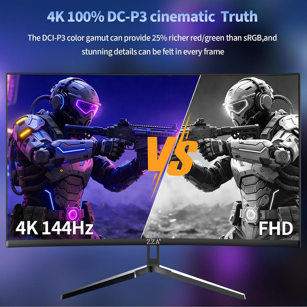 ZZA 27 Inch 4K Gaming Monitor,UHD(3840x2160) 4K 144Hz Flat Monitor, Adaptive Sync,HDMI 2.1 & DP 1.4,Tilt Adjustment PC Monitor, Wall Mountable, for Work, Streaming, and Home Office, Black