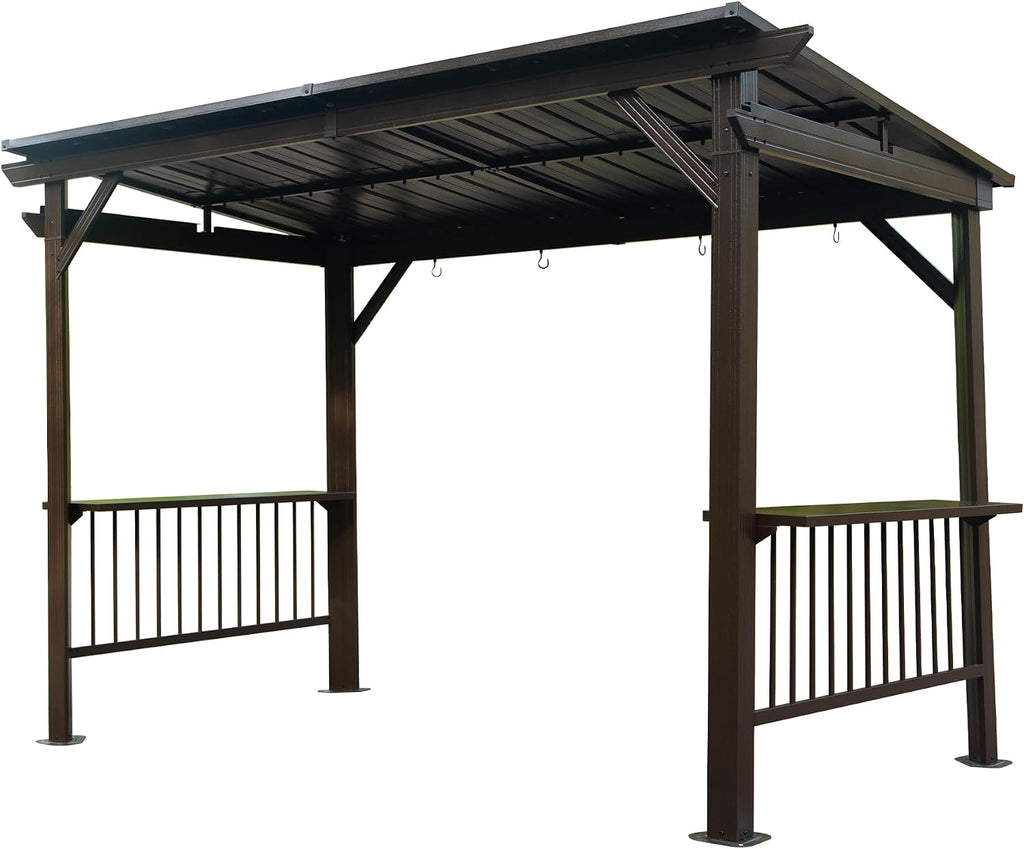 【LuckyNote】 6.5x12FT Hardtop Grill Gazebo, Outdoor BBQ Gazebo with 2 Side Shelves and Sloping Galvanized Steel Roof, Metal Permanent Grill Canopy with Ceiling Hooks for Patio, Lawn, 3 parcels (Brown)