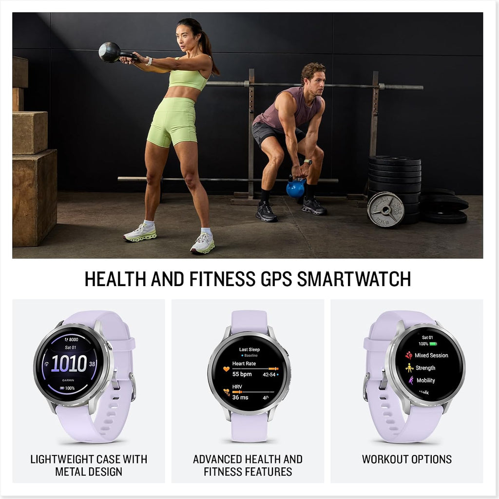 PlayBetter Garmin Venu 4 (Silver/Periwinkle, 41mm) Fitness GPS Smartwatch Bundle - AMOLED Display, Built-in Flashlight, Long Battery Life Portable Charger & HD Screen Protectors