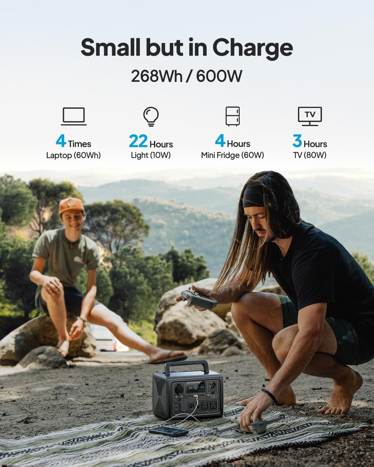 BLUETTI EB3A Portable Power Station, 268Wh Solar Generator LiFePO4 Battery Backup w/ 2 600W (1200W Surge) AC Outlets, Recharge from 0-80% in 30 Min., LFP Backup for Outdoor Camping, Trip, Power Outage