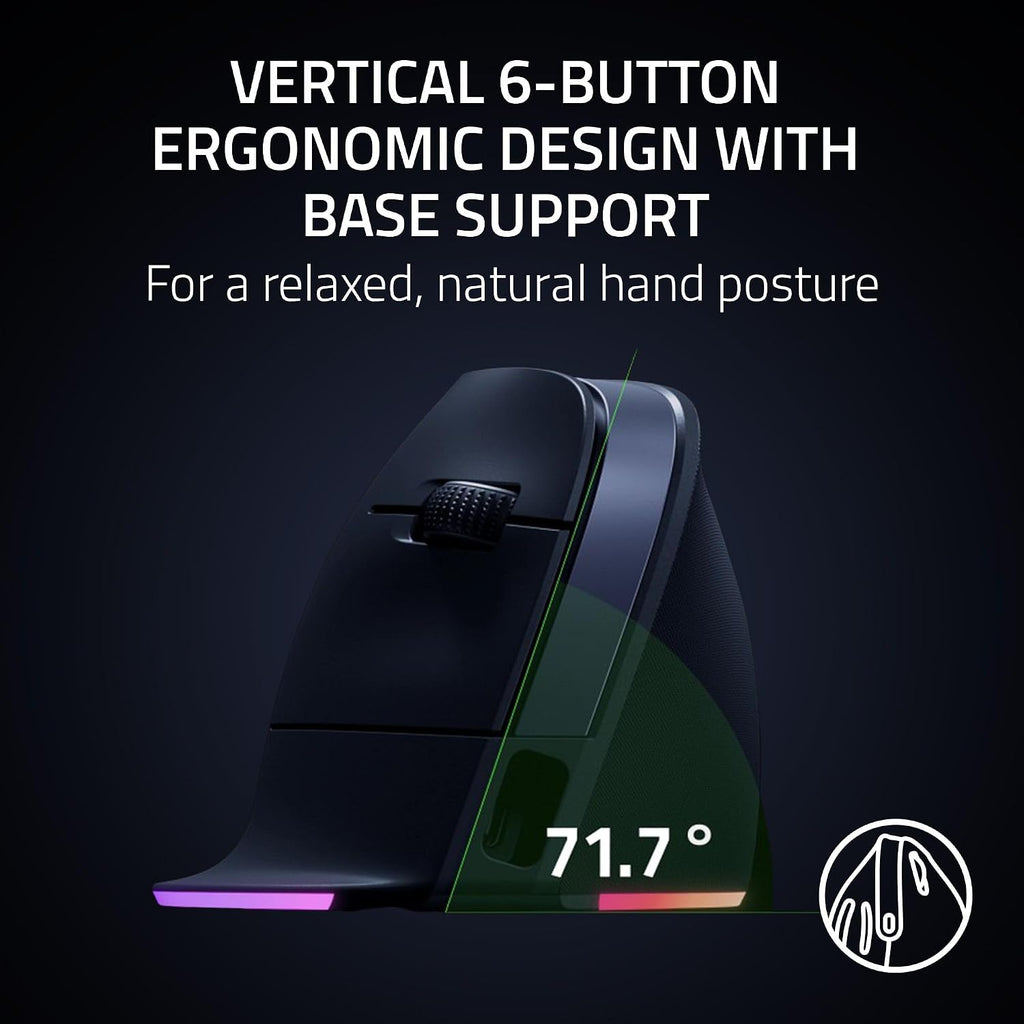 Razer Pro Click V2 Vertical Wireless Mouse: 6 Button Ergonomic Design - One Click AI Prompt - Supports Windows & Mac - Multi Device Connectivity via 2.4GHz, Bluetooth, or USB C Wired Mode - Chroma RGB