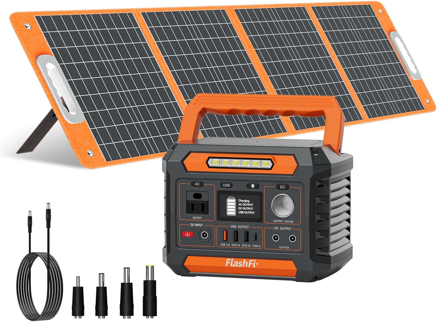 FF Flashfish 144.3Wh with Solar Panel 100W, Solar Generator 200W with AC/DC/USB/Type C/LED Lights, Backup Battery for Camping, Travel and Emergencies