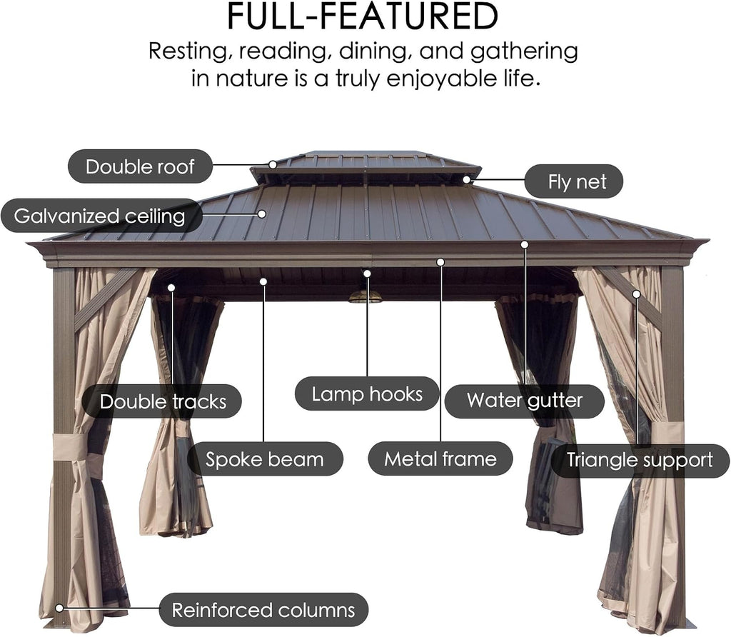 Kozyard Alexander 10' x 14' Hardtop Gazebo, Aluminum Frame with Galvanized Steel Double Roof, Outdoor Permanent Pavilion with Curtains and Netting for Patio, Backyard, Deck, Lawn (Brown)
