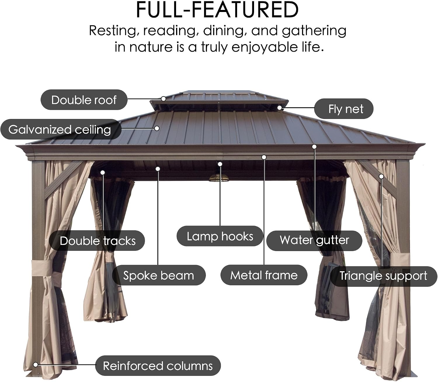 Kozyard Alexander 10' x 14' Hardtop Gazebo, Aluminum Frame with Galvanized Steel Double Roof, Outdoor Permanent Pavilion with Curtains and Netting for Patio, Backyard, Deck, Lawn (Brown)