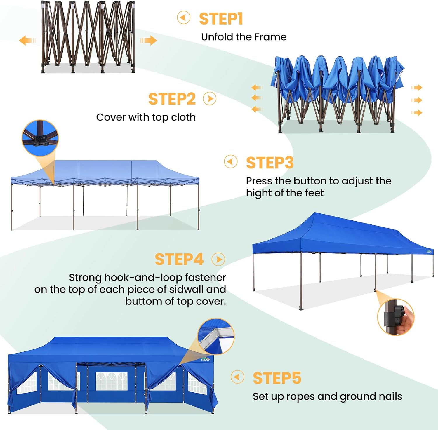 COBIZI 10x30 Pop Up Heavy Duty Canopy with 8 Sidewalls and Hexagonal Legs, Easy up Tent for Party, Wedding and Commercial, Outdoor Canopy with Roller Bag, Sand Bags, Waterproof & UPF50+ (Blue)