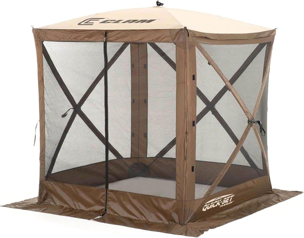 CLAM Quick-Set Pop Up Screen Tent, Traveler, 6 x 6 ft, Instant Setup Brown Portable Outdoor Shelter, Compact Bug-Free Canopy Tent for Camping, Fishing, Backyard - Brown