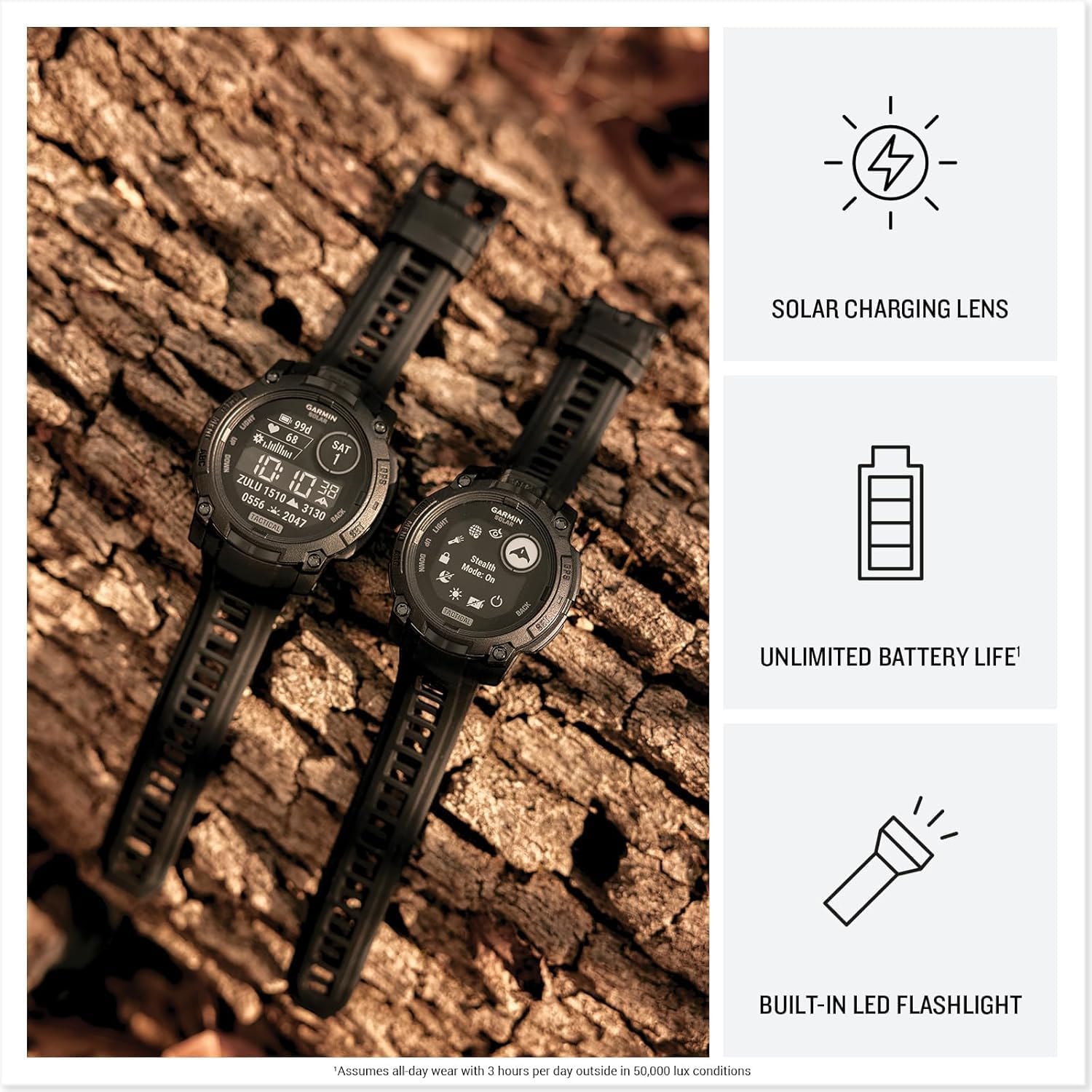 PlayBetter Garmin Instinct 3 Solar Tactical 45mm (Black) Rugged Outdoor GPS Smartwatch Bundle - Tactical Features, Built-in Flashlight, Long Battery Life Portable Charger & HD Screen Protectors