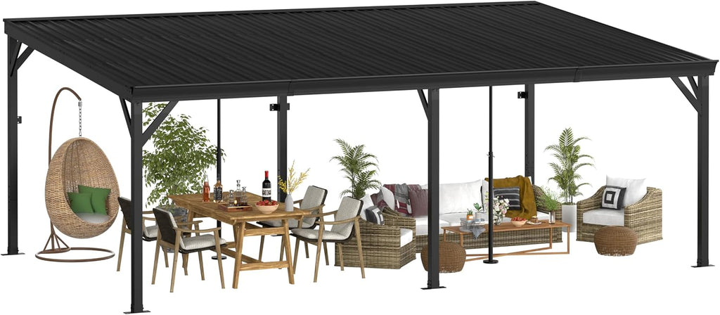 Yardenaler 12x20 FT Wall Mounted Gazebo, Hardtop Lean to Gazebo with Aluminum Slope Roof, 3.15'x3.15' Post Outdoor Pergola with Adjustable Support Posts for Poolside, Patio, Backyard, Deck, Black