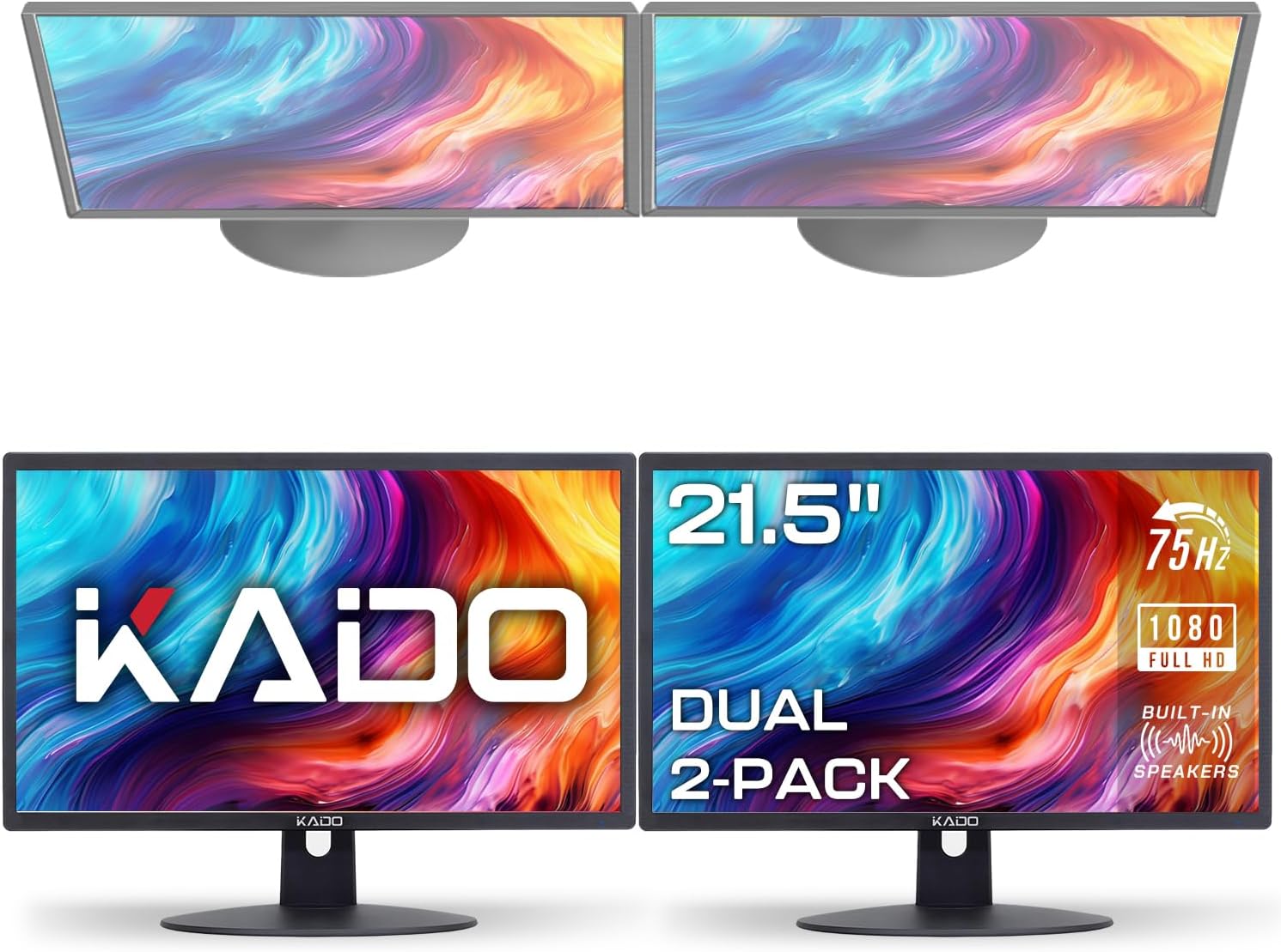 Kado Dual Monitor Setup - 2-Pack 22' 1920x1080 Computer Monitor 75Hz VESA Mount HDMI Office Gaming Hybrid Built-in Speakers (E22 Dual Series)