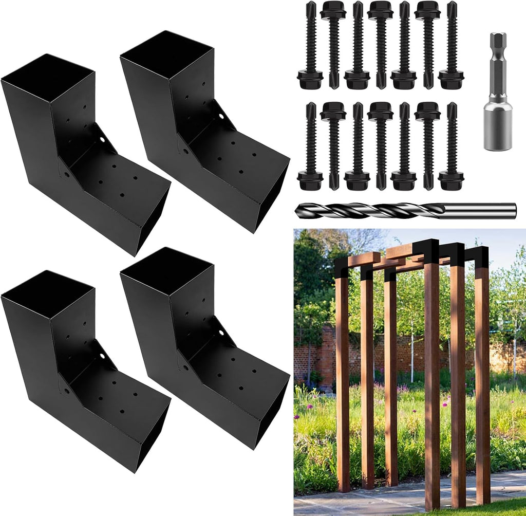 2-Way Pergola Brackets Kit, DIY L-Shaped Woodwork Brackets for 4' x 4' (Actual:3.5'x3.5') Lumber for Patio Pergolas, Gazebos, Log Cabin W/Hardware - 4 Pack