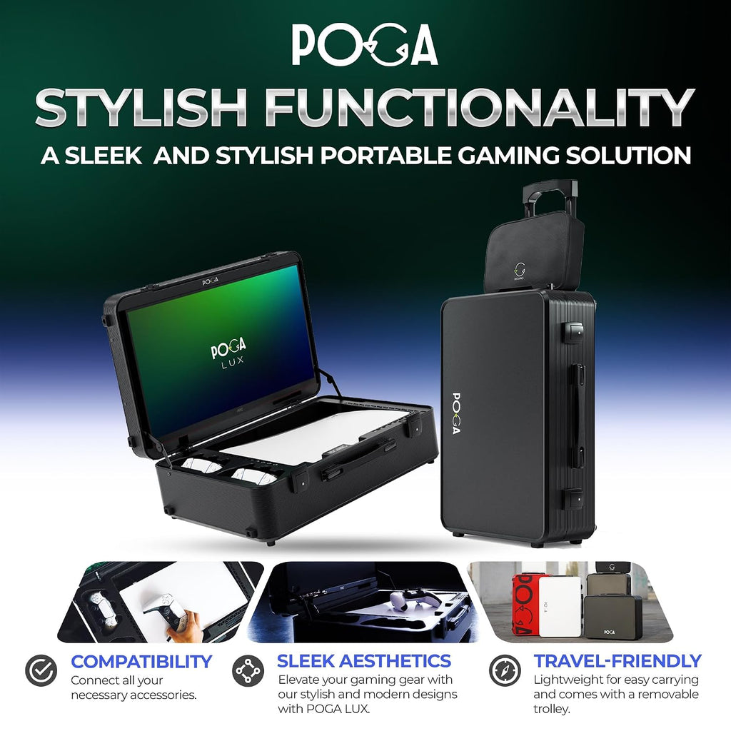 POGA LUX Compatible with PlayStation 5 Premium Portable Console Travel Case incl. Trolley and 24'' AOC Gaming Monitor - (V3 - Bluetooth Speaker Optional) Desert Taupe