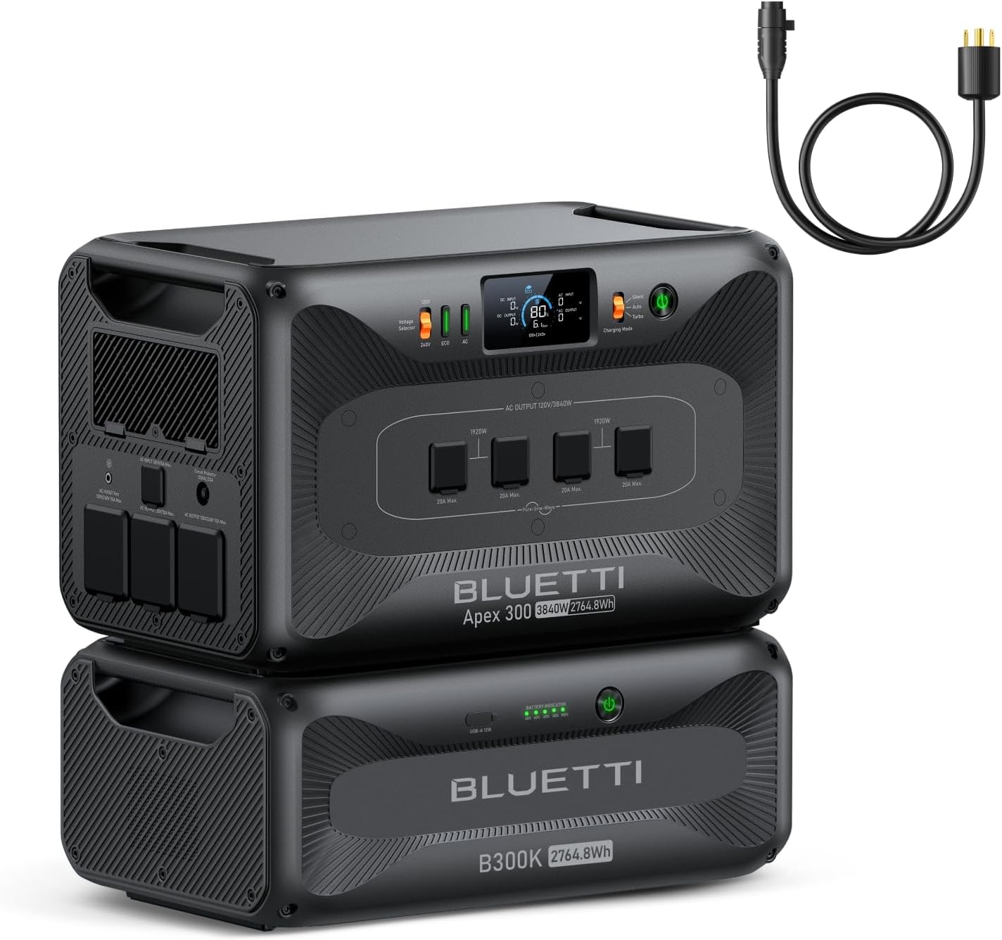 BLUETTI Apex 300 Solar Generator & B300K with TT-30 30A Cable, 5529.6Wh LFP Battery Backup Power Station with 6 3840W AC Outlets (7680W Surge), 2H Fast Charge, Generator Support