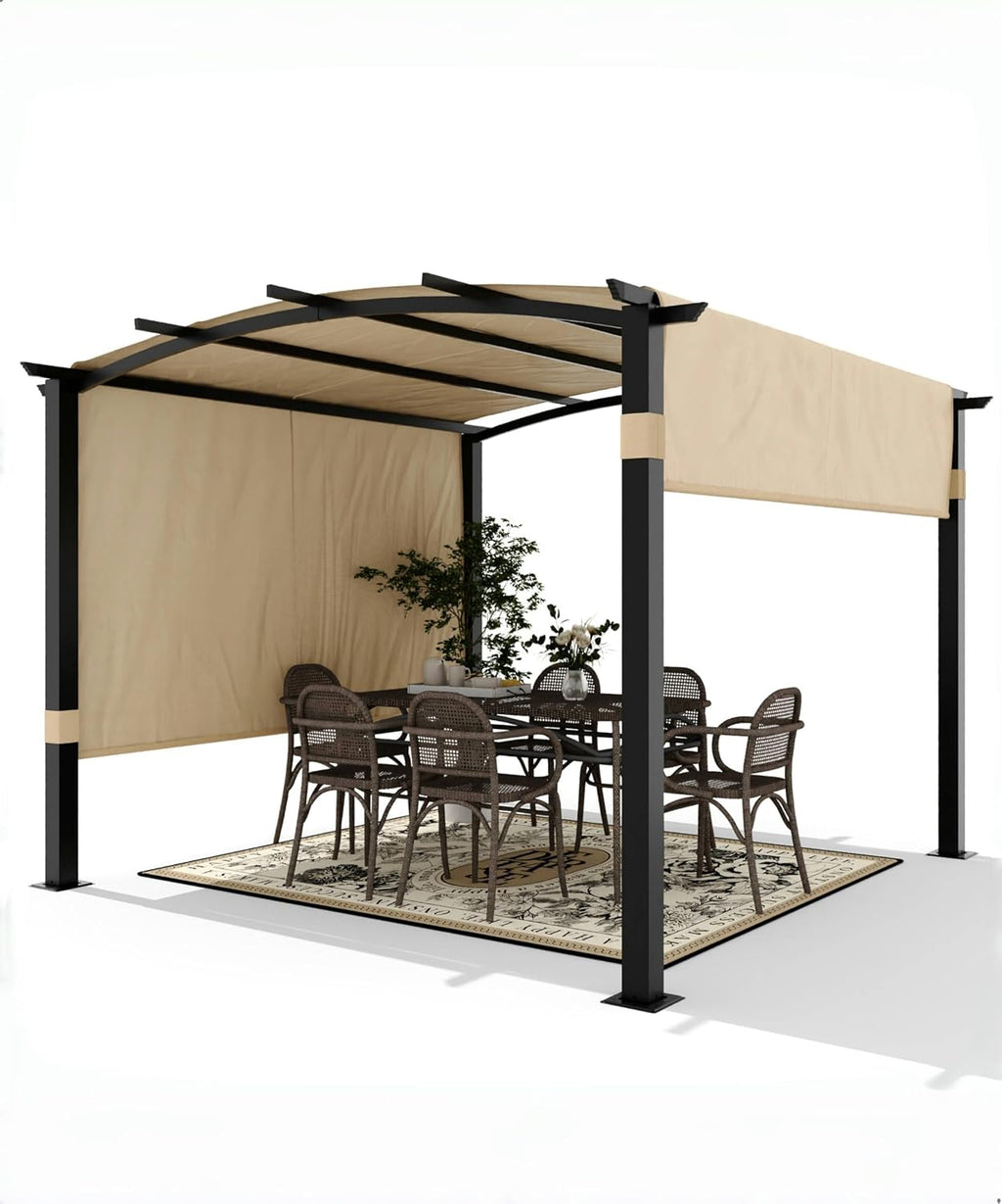 GarveeLife 10 x 10 ft Outdoor Arched Pergola, Metal Pergola with Retractable Canopy, Arched Style Gazebos for Backyard, Lawn, Patios (Khaki)