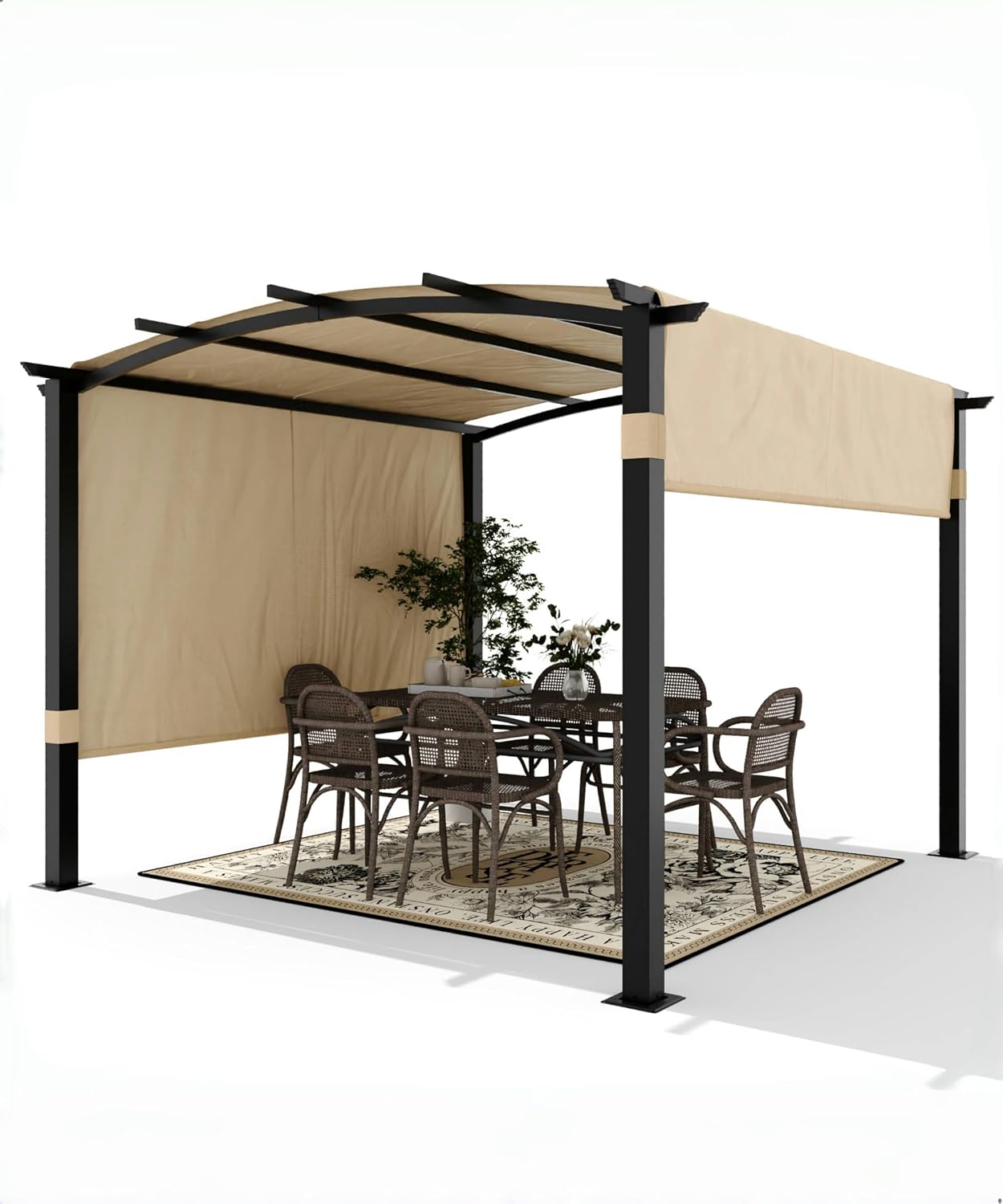 GarveeLife 10 x 10 ft Outdoor Arched Pergola, Metal Pergola with Retractable Canopy, Arched Style Gazebos for Backyard, Lawn, Patios (Khaki)