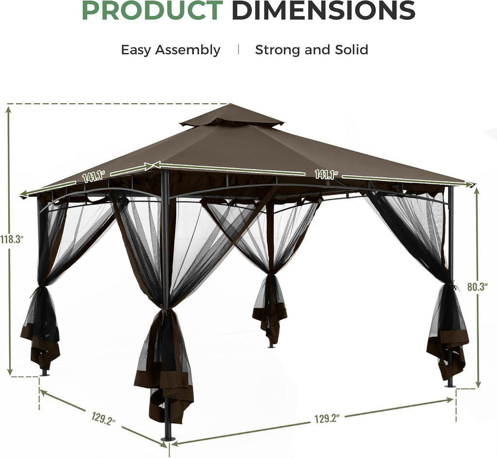 12' X 12' Patio Gazebo with Ventilation Double Roof, Outdoor Gazebo with Removable Mosquito Netting, Easy Up Metal Outdoor Canopy Shelter for Backyard, Garden, Lawn, Brown